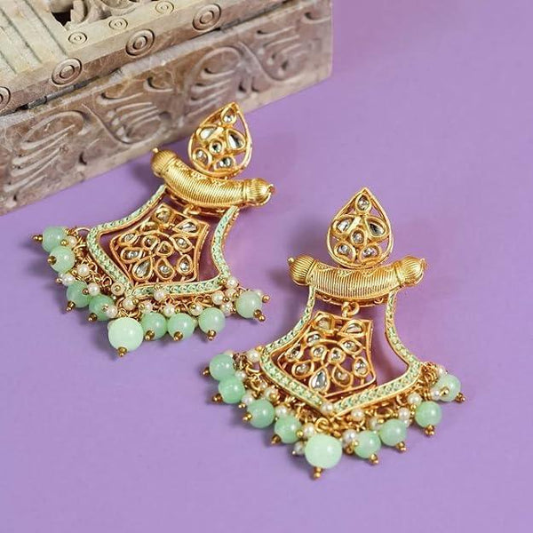 Green Gold-Plated Lightweight Enamelled Kundan Classic Drop Earrings - Trendisia