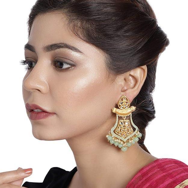 Green Gold-Plated Lightweight Enamelled Kundan Classic Drop Earrings - Trendisia