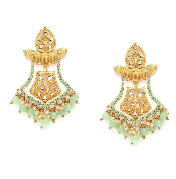 Green Gold-Plated Lightweight Enamelled Kundan Classic Drop Earrings - Trendisia