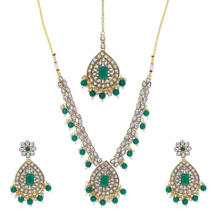 Green Gold-Toned Kundan, Pearls Emarald Jewellery Set - Trendisia