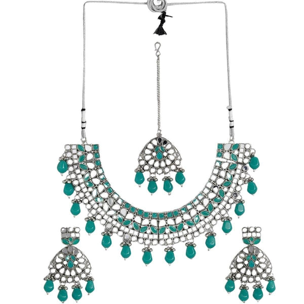 Green Mirror Work Silver-Plated Jewelry Set - Trendisia