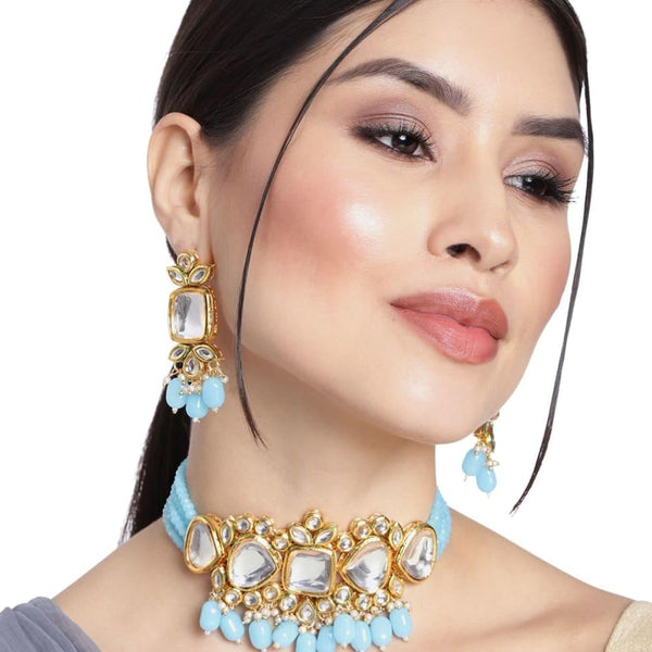 Kundan and Blue Beads Choker Set - Trendisia