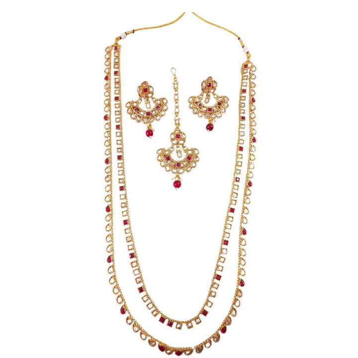 Layered Necklace Set & Earrings, Maang Tikka. - Trendisia