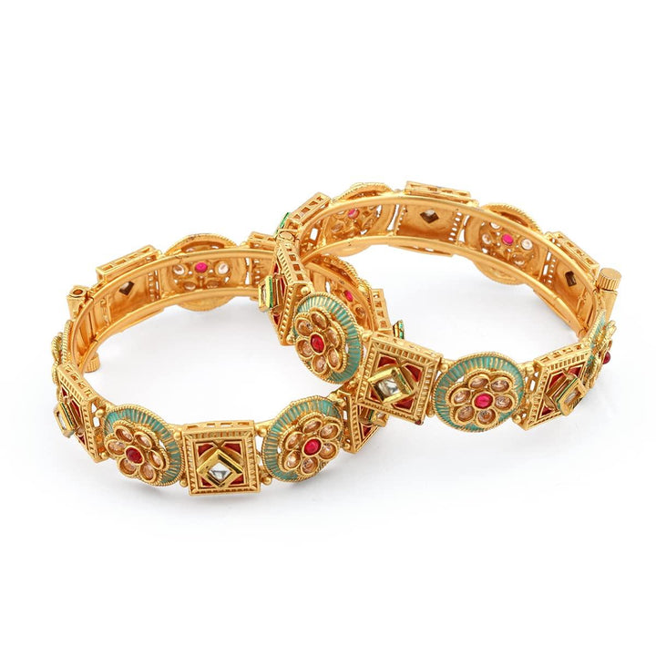 Matte Gold Plated Meenakari Kundan Kada 2 Pcs - Trendisia