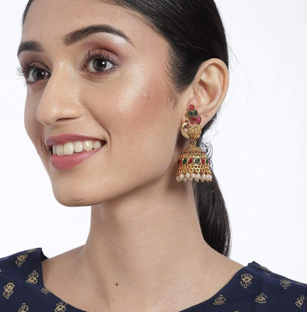 Matte Gold Plated Ruby Green Dome Jhumkas - Trendisia