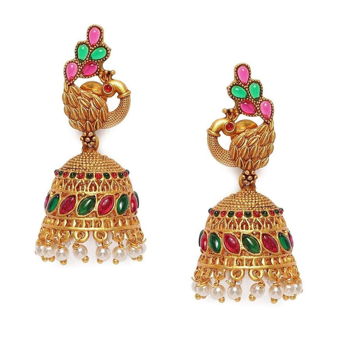 Matte Gold Plated Ruby Green Dome Jhumkas - Trendisia