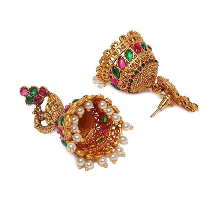 Matte Gold Plated Ruby Green Dome Jhumkas - Trendisia