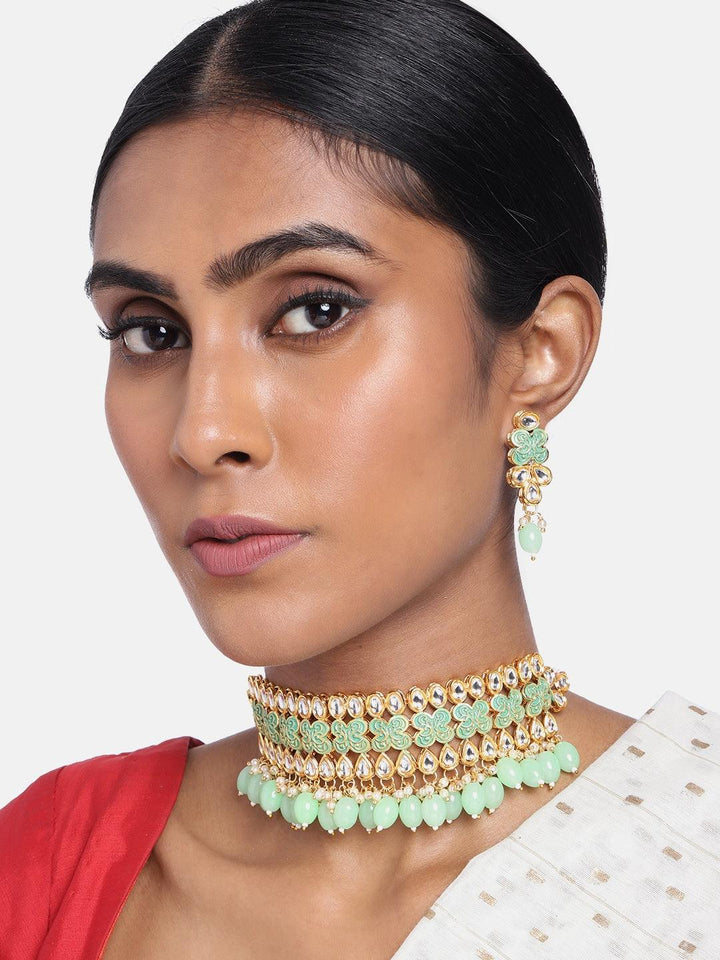 Mint Green Kundan Beaded Jewelry Set - Trendisia