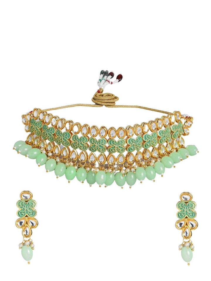 Mint Green Kundan Beaded Jewelry Set - Trendisia