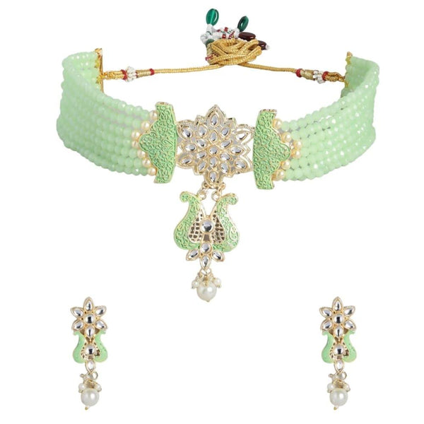 Mint Green White Gold-Plated Kundan-Studded Beaded Jewellery Set - Trendisia