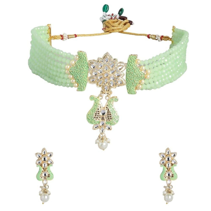 Mint Green White Gold-Plated Kundan-Studded Beaded Jewellery Set - Trendisia