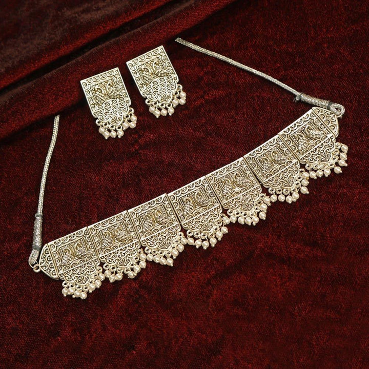 Oxidized Choker Necklace Earrings Set - Trendisia