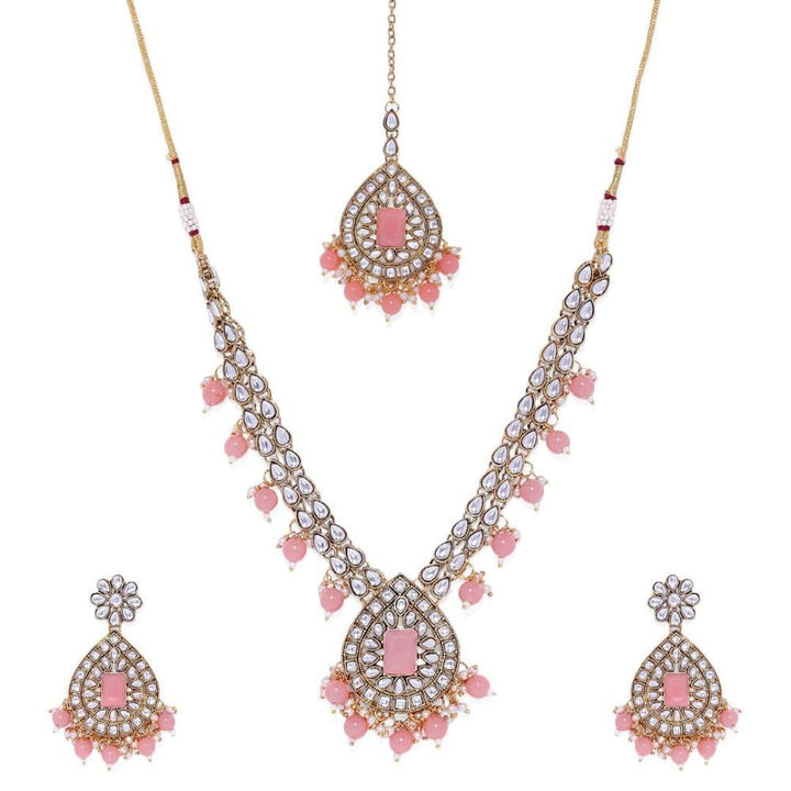 Peach Gold-Toned Kundan Pearls Jewellery set - Trendisia