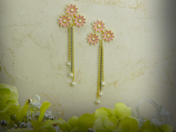 Pink Floral Enamelled Taselled Earrings - Trendisia