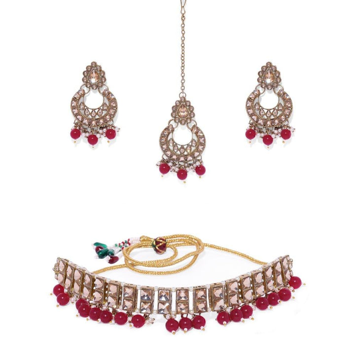 Pink Gold-Toned Beaded Kundan Choker Set - Trendisia