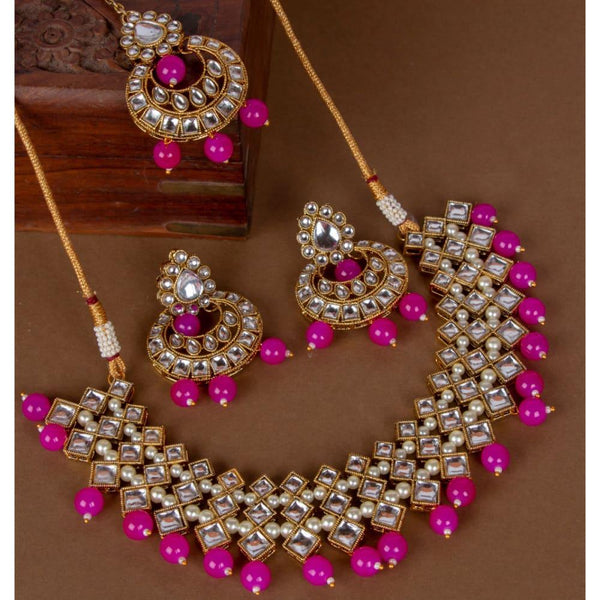 Pink Gold-Toned Brass-Plated Kundan Studded Beaded Jewellery Set - Trendisia