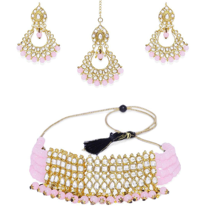 Pink Gold-Toned Kundan Beads Choker Jewellery Set - Trendisia