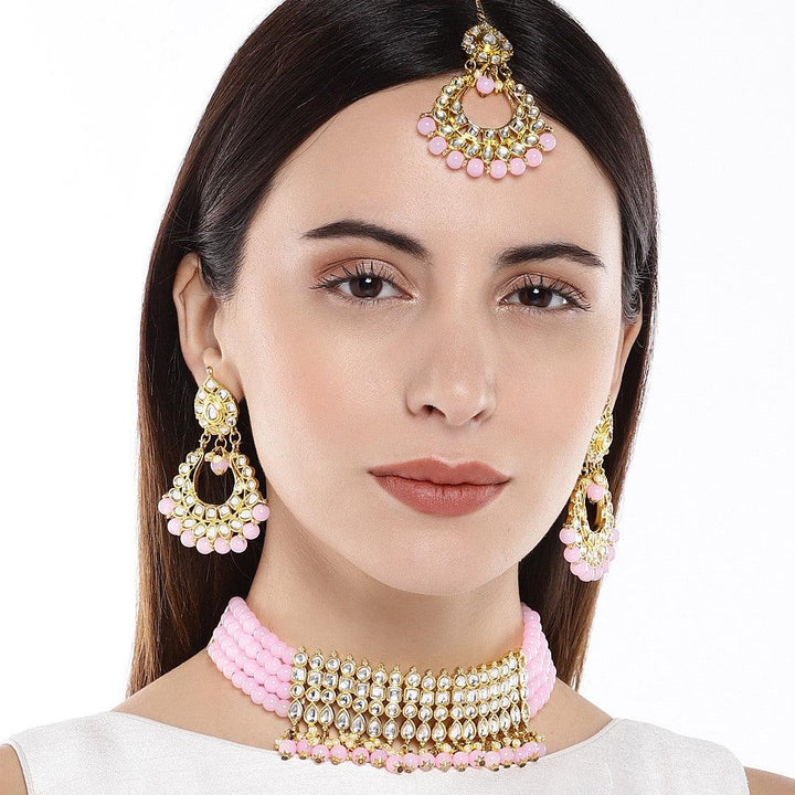 Pink Gold-Toned Kundan Beads Choker Jewellery Set - Trendisia