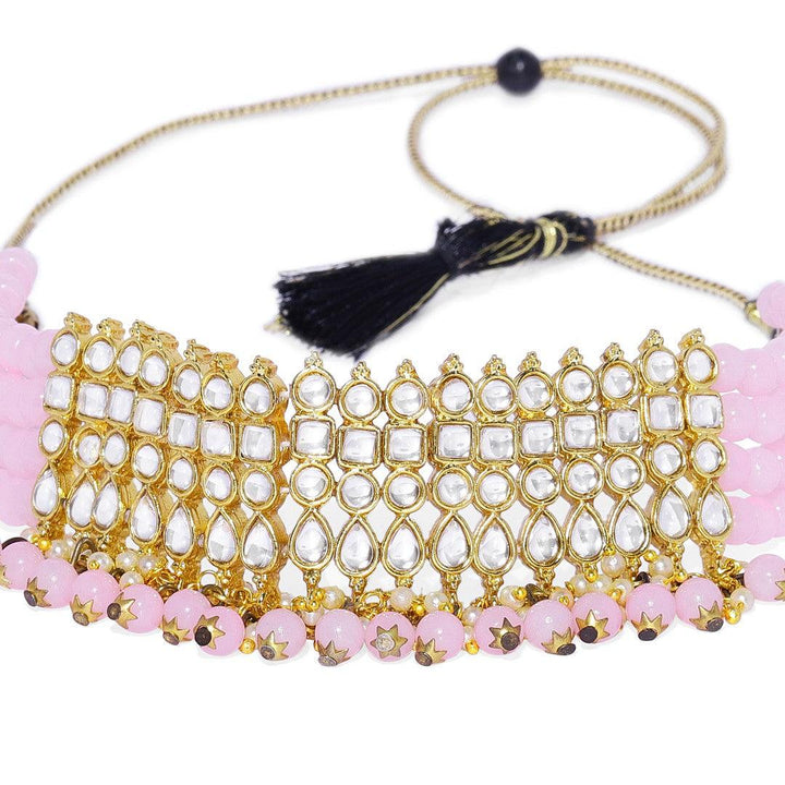 Pink Gold-Toned Kundan Beads Choker Jewellery Set - Trendisia