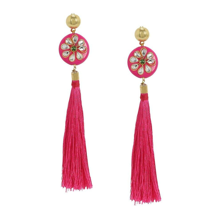 Rani Pink Monotone Kundan Beads Tassel Earrings for Women - Trendisia