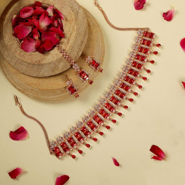 Rose Gold Plated Red American Diamond Studded Necklace Set - Trendisia