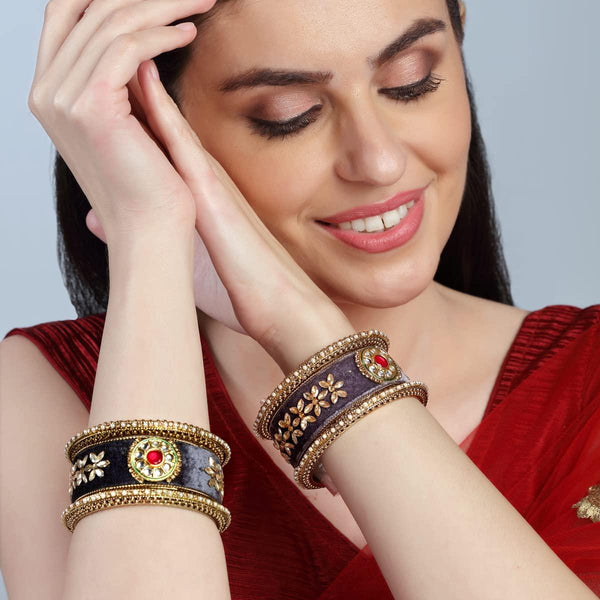 Set Of 6 Kundan Velvet Bangles - Trendisia