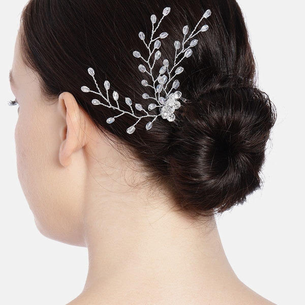 Silver-Plated Beaded Bridal Tiara Comb Pin - Trendisia