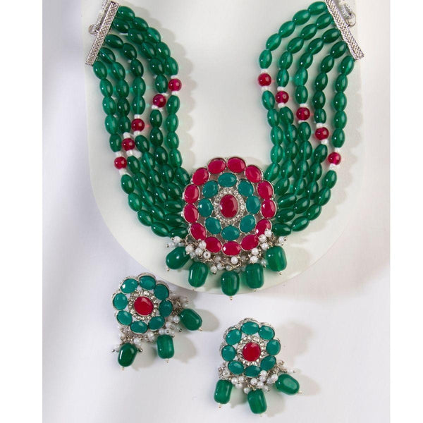 Silver-Plated Green Red Beaded Jewellery Set - Trendisia