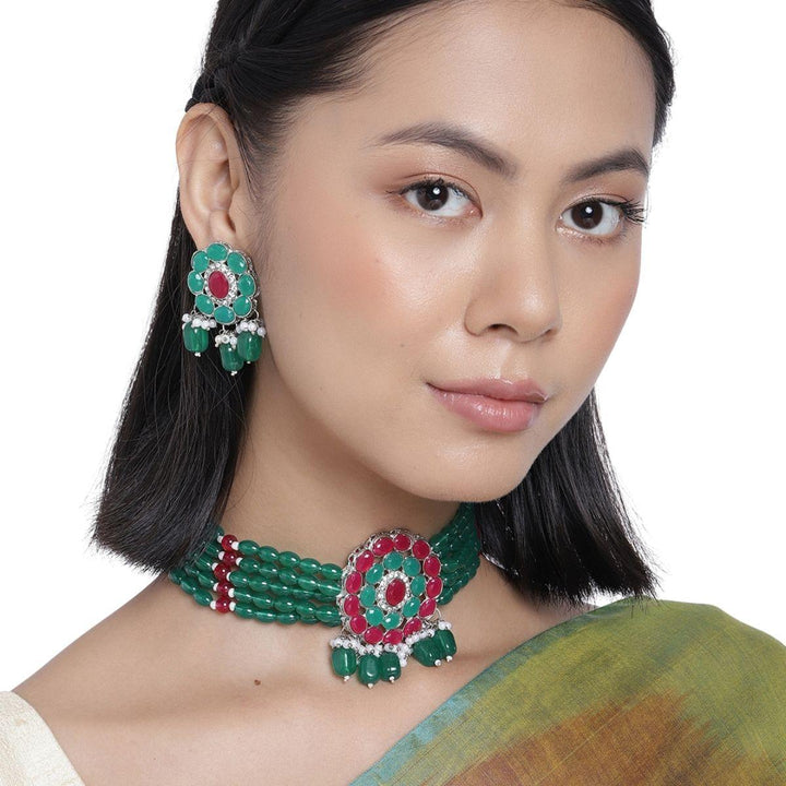 Silver-Plated Green Red Beaded Jewellery Set - Trendisia