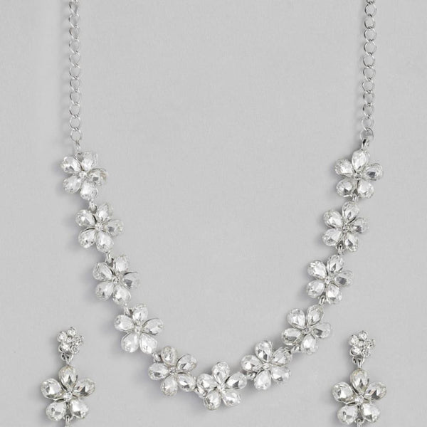 Silver Plated Stones Floral Necklace Set - Trendisia