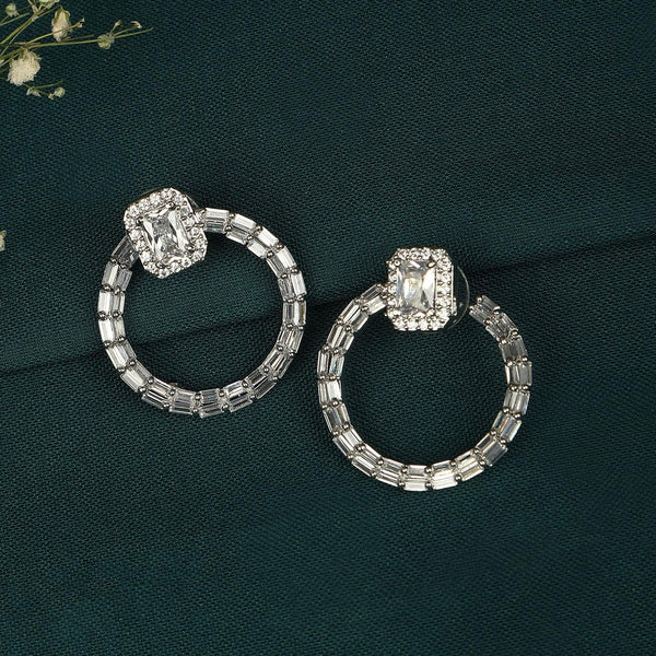 Silver-Toned AD Circular Drop Earrings - Trendisia