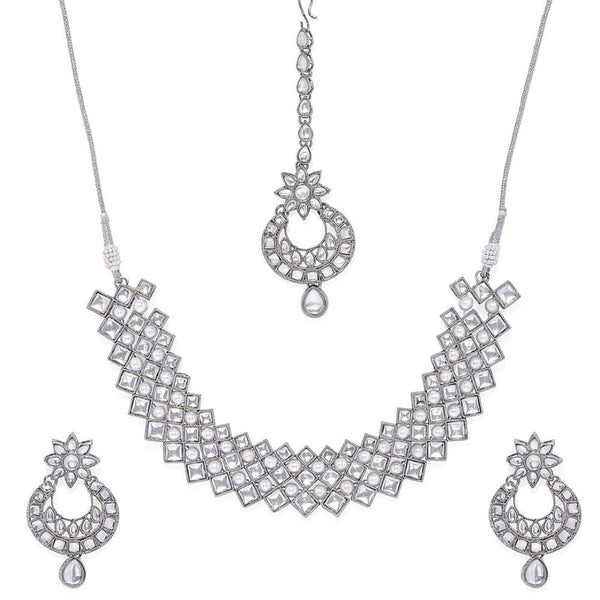 Silver-Toned Kundan Pearls Bridal Jewellery Set - Trendisia