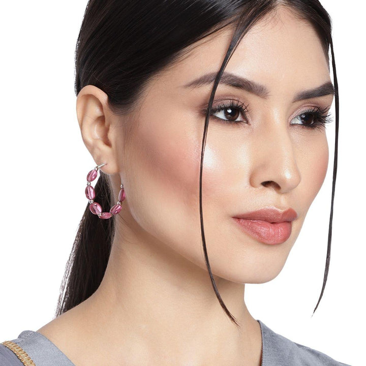 Silver-Toned Pink Beaded Hoop Earrings - Trendisia