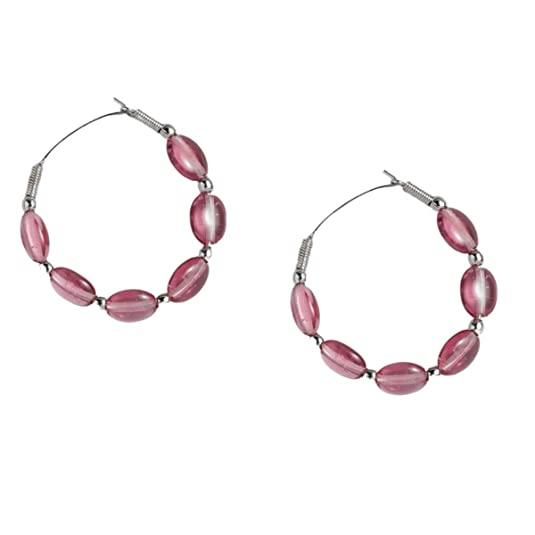 Silver-Toned Pink Beaded Hoop Earrings - Trendisia