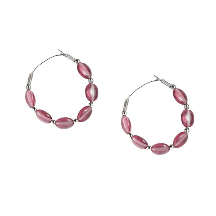 Silver-Toned Pink Beaded Hoop Earrings - Trendisia