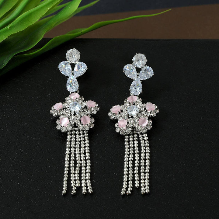 Silver-Toned Studded Floral Drop Earrings - Trendisia
