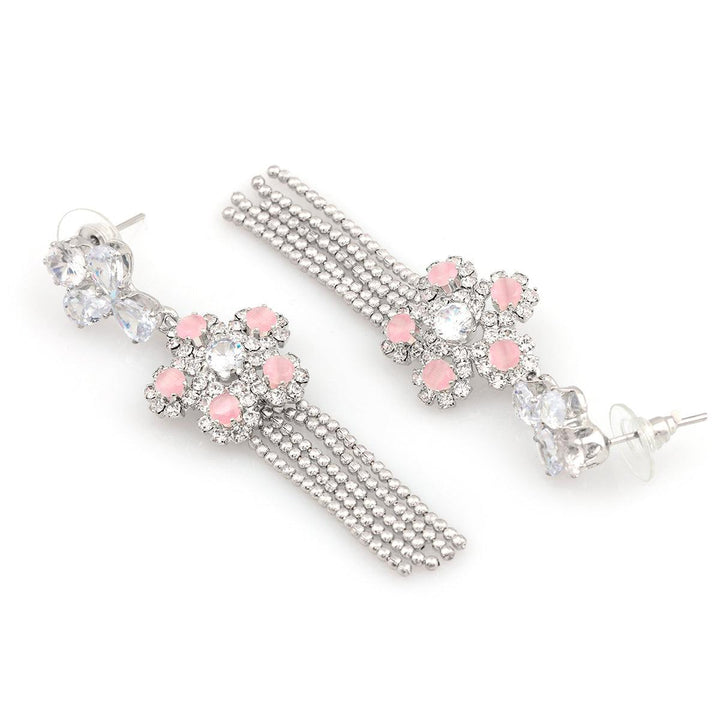 Silver-Toned Studded Floral Drop Earrings - Trendisia