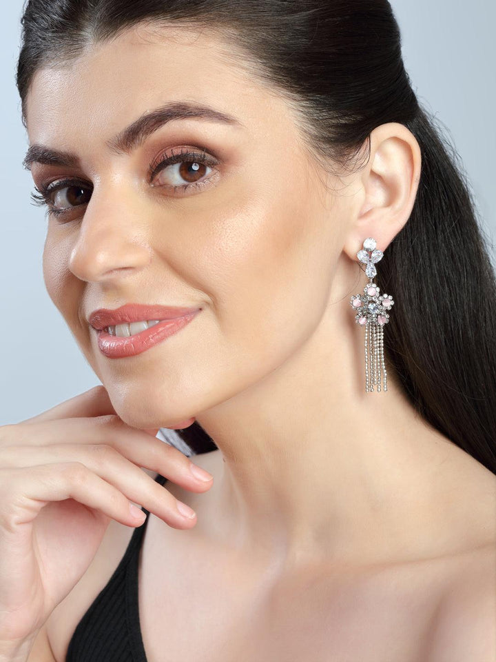 Silver-Toned Studded Floral Drop Earrings - Trendisia
