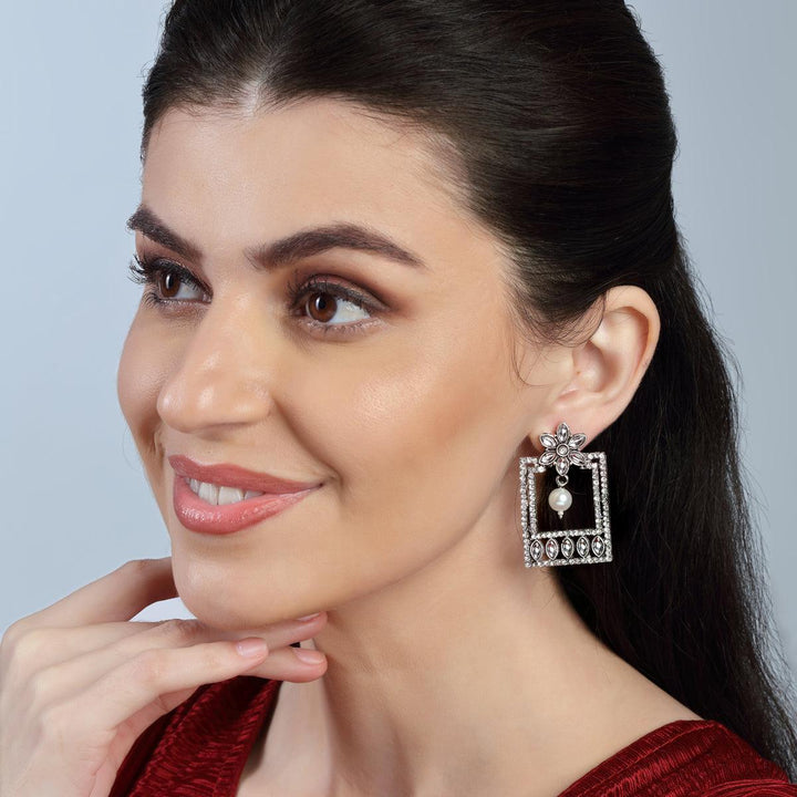 Silver-Toned White Geometric Drop Earrings - Trendisia