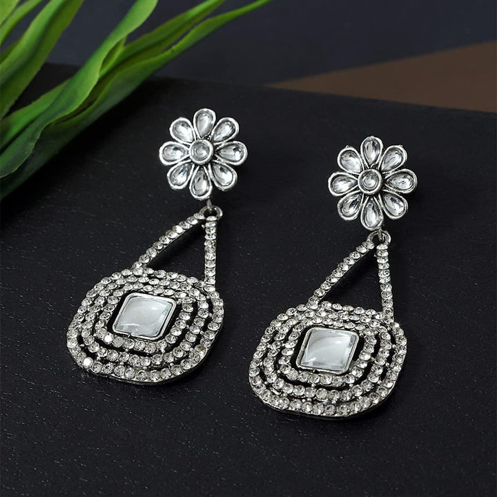 Silver-Toned White Square Drop Earrings - Trendisia