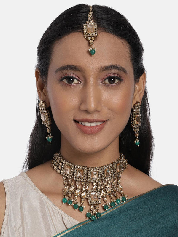 Traditional Gold-Plated Kundan Choker Necklace Set with Earrings and Maang Tikka - Trendisia