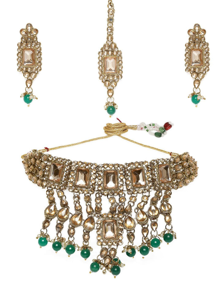 Traditional Gold-Plated Kundan Choker Necklace Set with Earrings and Maang Tikka - Trendisia