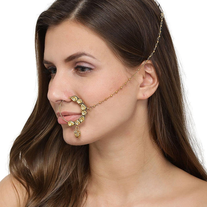 Traditional Gold-Plated Nose Ring with Chain and Bell Detail - Trendisia