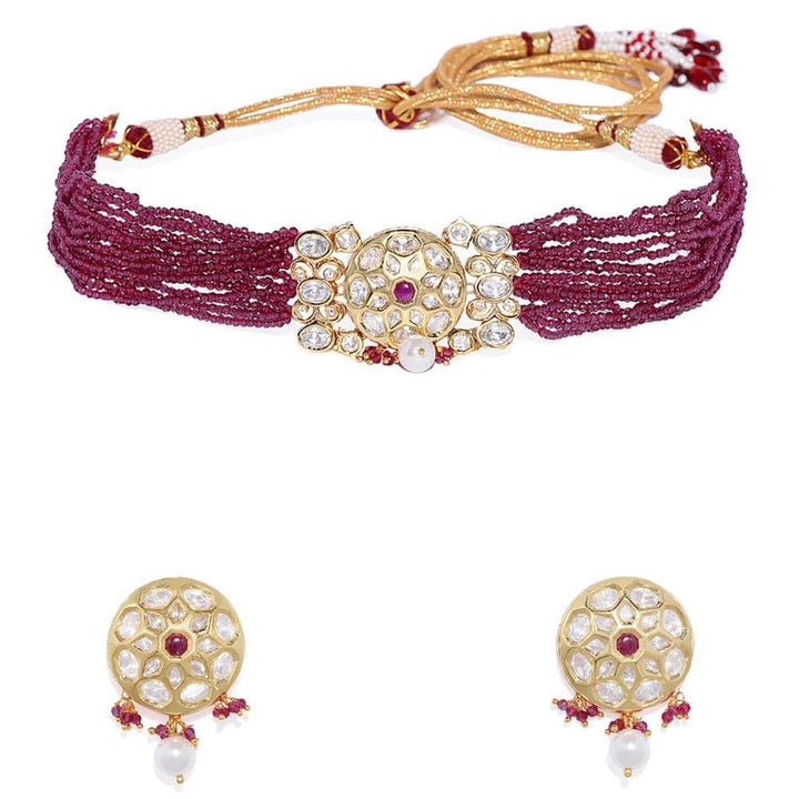 Traditional Red Beads Kundan Choker Necklace Set - Trendisia