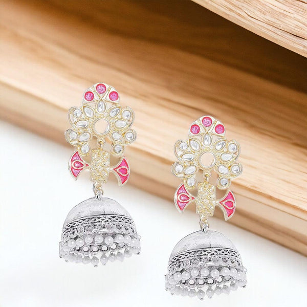 Trendisia Metal and Kundan Jhumki Earrings for Women, Pink - Trendisia