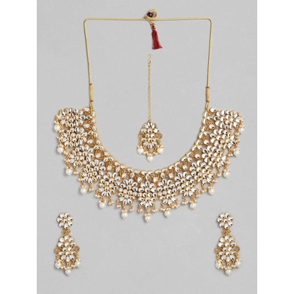 White Gold-Plated Kundan-Studded Beaded Jewellery Set - Trendisia