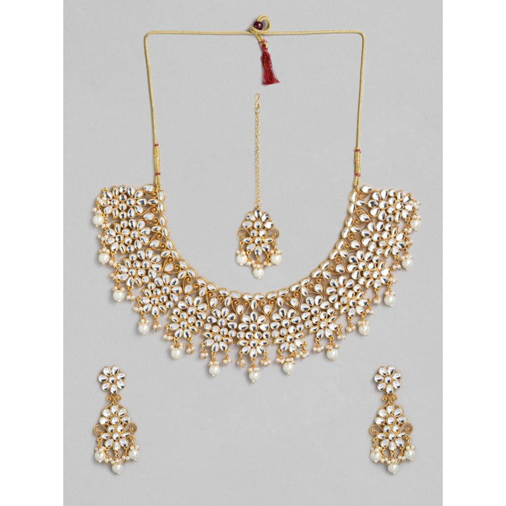 White Gold-Plated Kundan-Studded Beaded Jewellery Set - Trendisia