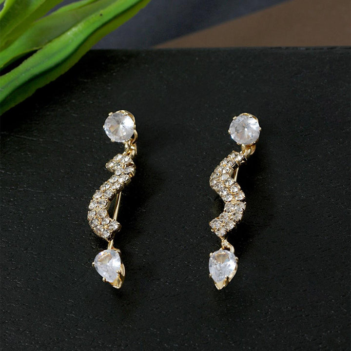 White Gold-Plated Stone Studded Drop Earrings - Trendisia