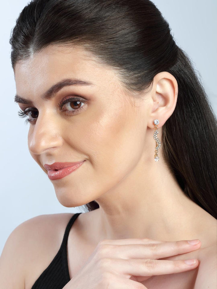 White Gold-Plated Stone Studded Drop Earrings - Trendisia