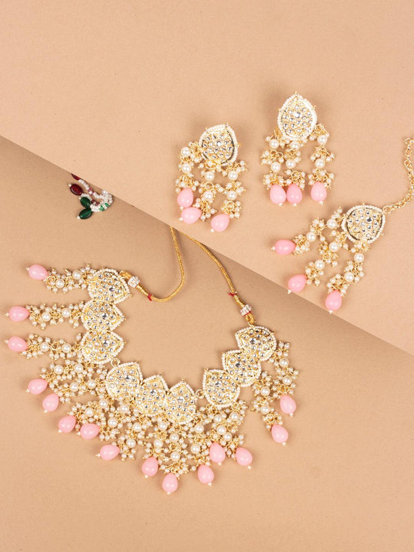 White Pink Kundan Beaded Jewelry Set - Trendisia